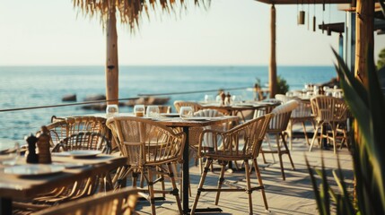 Fototapeta premium Seaside outdoor dining area with wicker chairs and tables, overlooking a serene ocean view under the shade of a sun umbrella.
