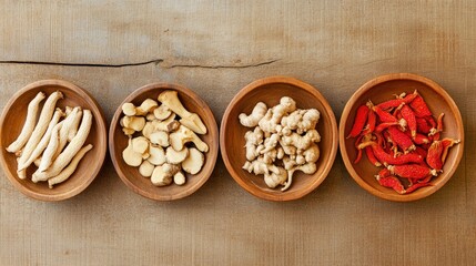Fototapeta premium Top view of rare herbal remedies on wooden dishes: ginseng roots, Ganoderma mushrooms, and red ginseng. Beige background enhances the natural beauty for advertising health products.