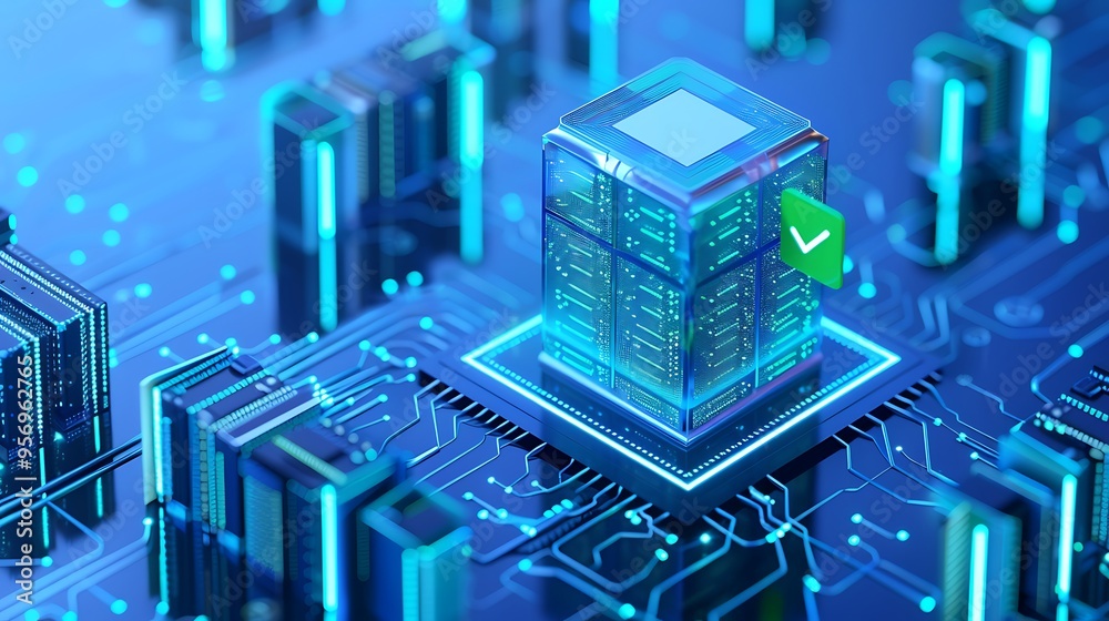 Poster futuristic digital rendering of a data center with glowing blue server racks and a secure check mark