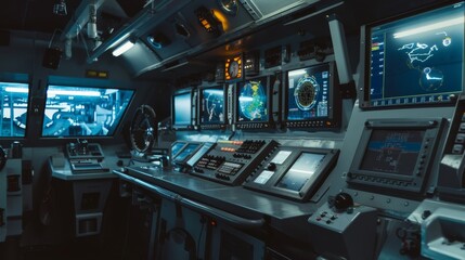 Obraz premium Command center with multiple monitors displaying navigational charts, creating an atmosphere of precision and control in a technologically advanced environment.