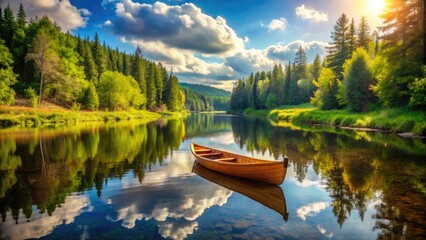 Serenene sunny day scene featuring a lone wooden canoe drifting gently with the current on a calm, mirror-like river surrounded by lush green forest landscape.