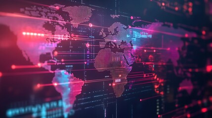 Fototapeta premium Digital World Map with Glowing Arrows Representing Trade Routes and Volume Between Countries