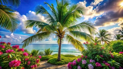 Fototapeta premium Serenene palm tree stands tall amidst lush green foliage and vibrant tropical flowers, radiating tranquility and warmth amidst a sun-kissed beachside landscape.