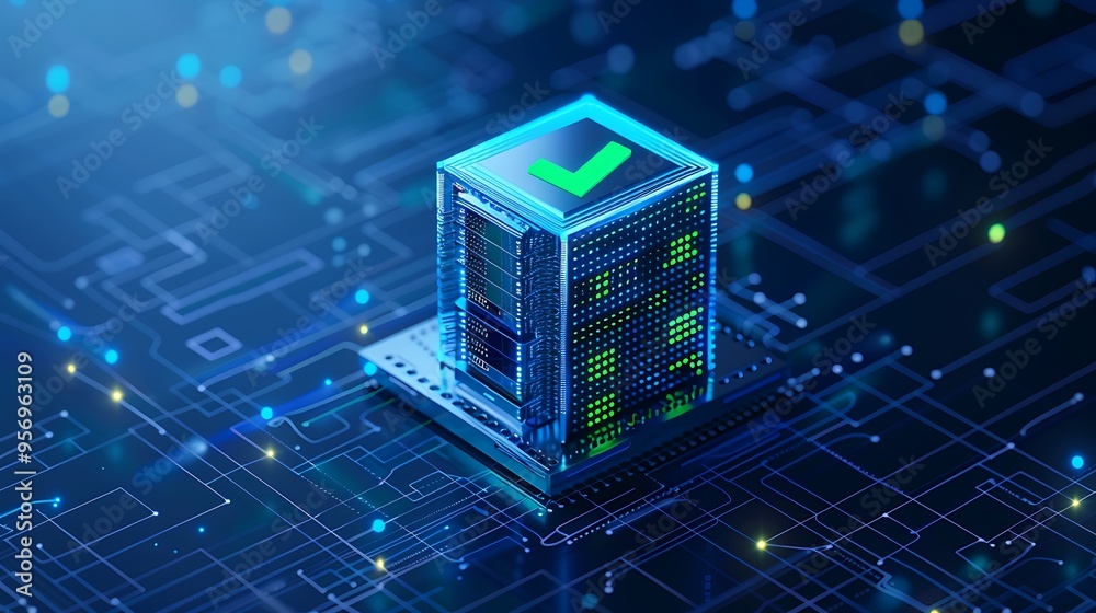 Poster futuristic digital server with glowing checkmark, representing data security and verification on a d