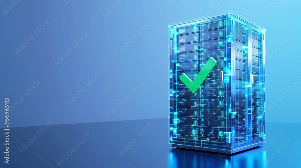 Poster futuristic digital server with a green check mark, indicating successful data processing and secure 
