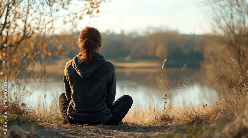 Wall mural a serene scene of a person sitting alone in nature, with a peaceful expression, symbolizing self-lov