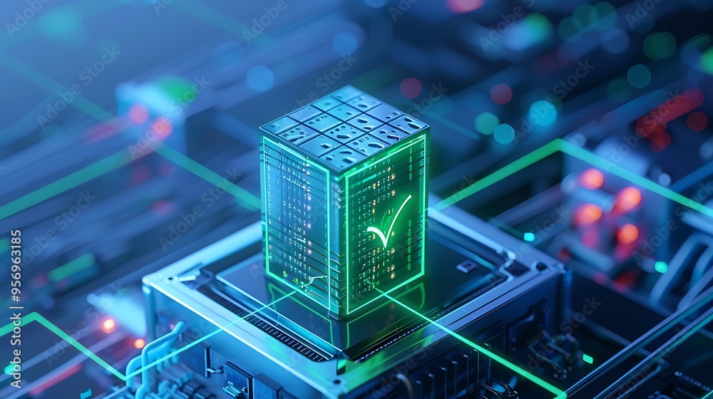 Poster futuristic digital technology, depicting a microchip with green data visualization, symbolizing cybe