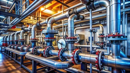 Industrial high-pressure piping system with intricate network of steel tubes, valves, and fittings, conveying pressurized gas or liquid in a heavy-duty industrial setting.