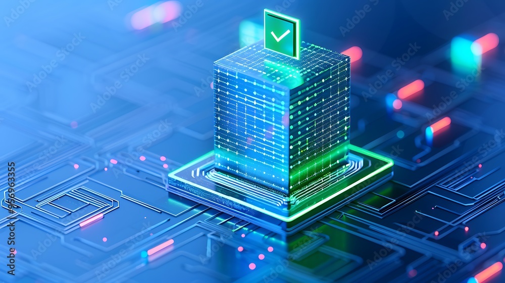 Poster futuristic digital technology concept with a glowing server and data processing visualization on a h