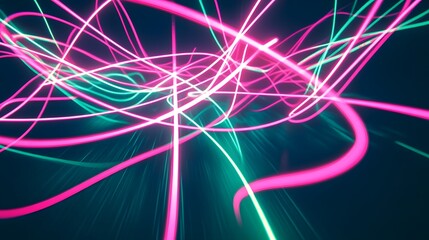 Glowing Neon Light Trails: Intersecting neon light trails in vibrant colors like pink and green, floating in a dark space, creating an abstract dance of light.
