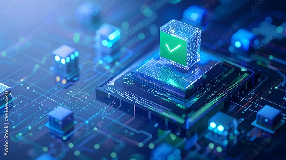 Poster futuristic digital technology concept with glowing circuits and checkmark, illustrating secure and e