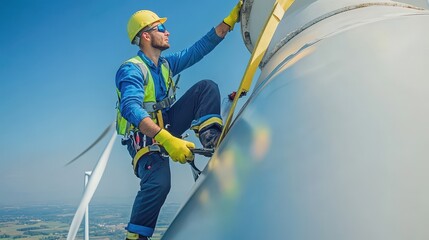 Skilled Wind Turbine Engineer Performing Maintenance on Rotor of Wind Turbine in Clear Sky.