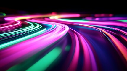 Glowing Neon Light Trails: Intersecting neon light trails in vibrant colors like pink and green, floating in a dark space, creating an abstract dance of light.
