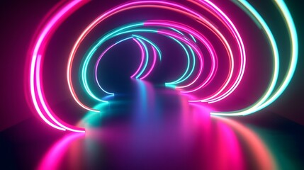 Naklejka premium Glowing Neon Light Trails: Intersecting neon light trails in vibrant colors like pink and green, floating in a dark space, creating an abstract dance of light. 