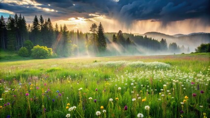 Serene rain-soaked field stretches towards the horizon, with lush green grass and scattered wildflowers swaying gently in the misty atmosphere, evoking a sense of calm.