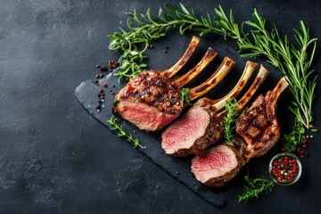 Grilled Lamb Chops: Mouthwatering grilled lamb chops, expertly seasoned and arranged on a sleek, dark surface, adorned with fresh rosemary sprigs and a sprinkle of peppercorns.