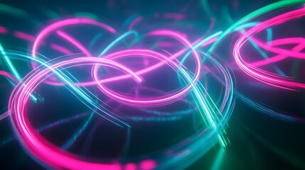 Glowing Neon Light Trails: Intersecting neon light trails in vibrant colors like pink and green, floating in a dark space, creating an abstract dance of light.
