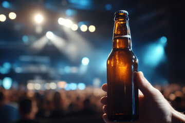 Bottle of cold beer in hand on the background of the stage on the night street, music concert. Oktoberfest, festival.