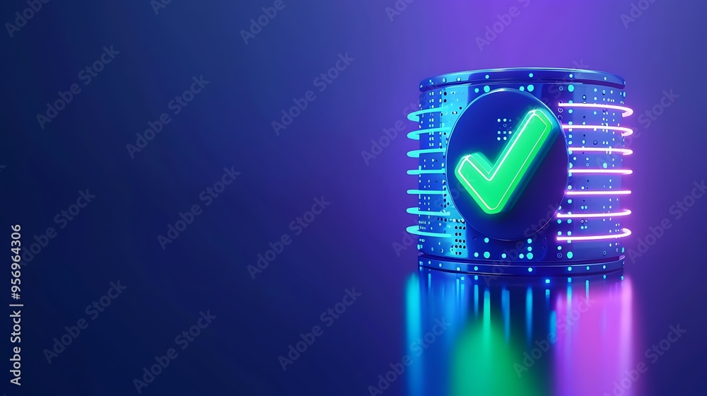 Poster futuristic glowing checkmark on a data server, symbolizing cybersecurity and technology validation i