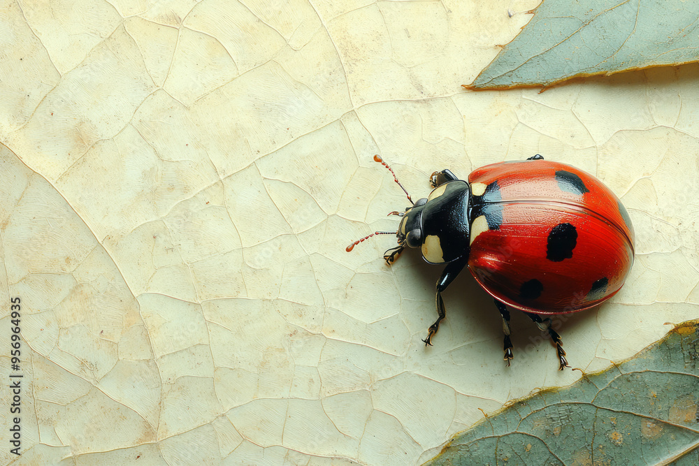 Poster a detailed shot of a ladybug crawling along the edge of a leaf, with its bright red shell and tiny b