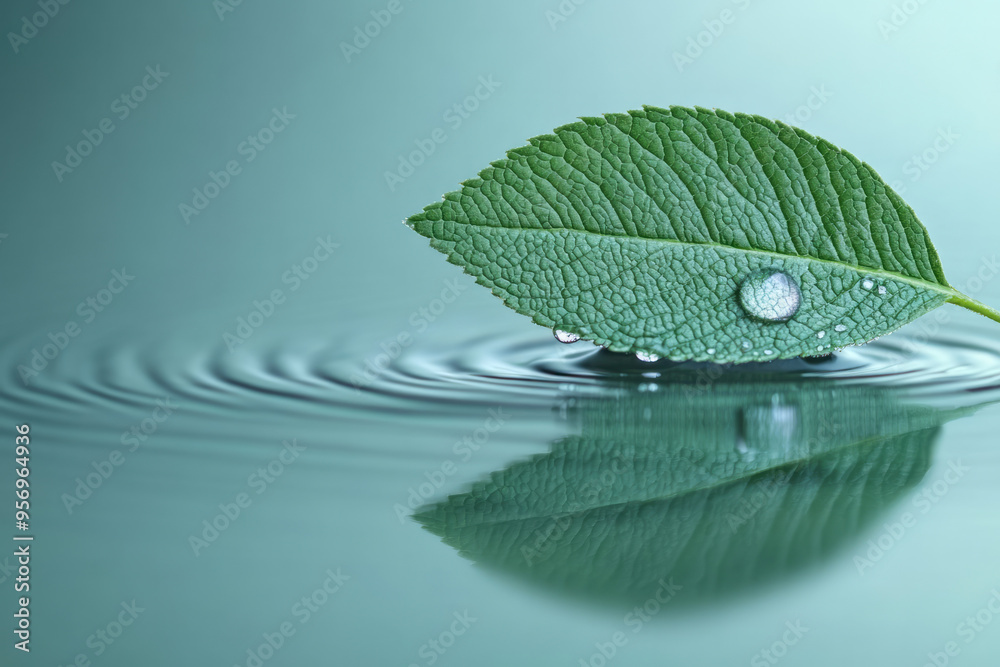 Poster a close-up of a single water droplet balanced on a green leaf, with a distorted reflection of the su