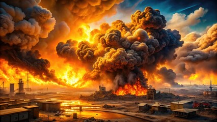 Intense blast of orange and yellow flames erupts from a massive cloud of dust, illuminating a devastated industrial landscape with debris scattered everywhere.