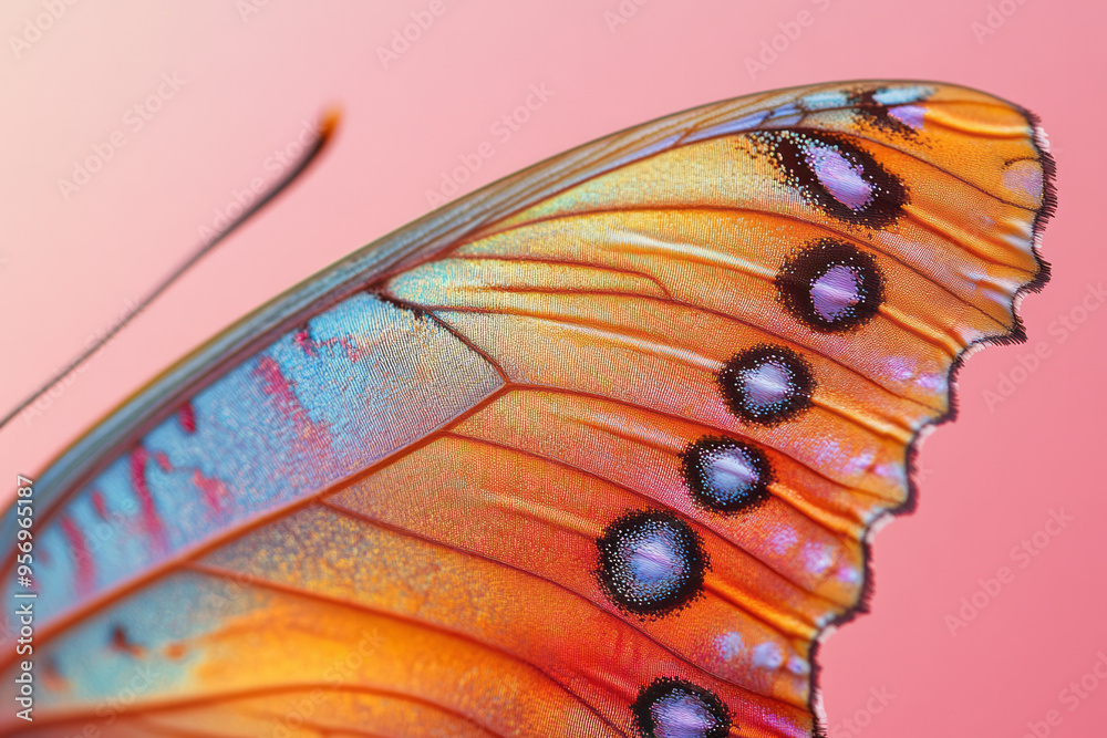 Poster a macro view of a butterfly wing with vivid, iridescent patterns and fine scales visible, isolated o