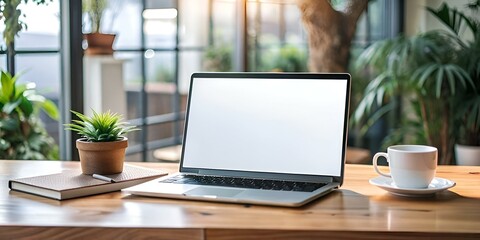 A modern laptop with a blank screen sits on a wooden desk with a notepad. a potted plant. and a white coffee cup. creating a clean and minimalist workspace.