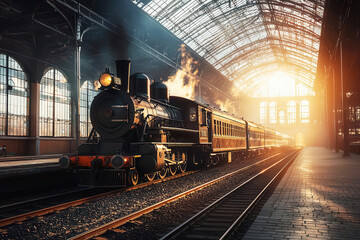 Old steam train parked at a forgotten station, twilight colors with vintage film grain and a melancholic atmosphere