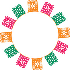 Fototapeta premium Mexican fiesta. Multi-colored holiday flags are arranged in a circle with space for text inside. Isolated vector illustration.