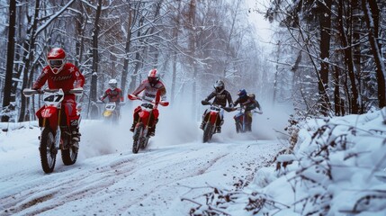 A group of motocross riders speeds through a snowy forest, snow flying up around them as they race with determination and intensity.