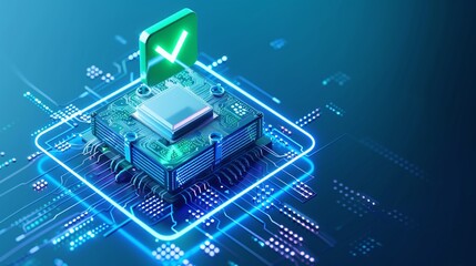 Futuristic microchip with a green check mark on a digital background, symbolizing approved technology and innovation.
