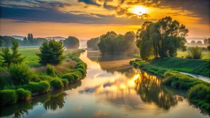 Serene sunset scene of tranquil River Po flowing gently through lush green Italian countryside with rustic trees and misty atmosphere in the distance.