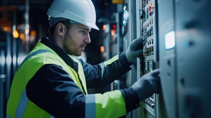A wind turbine engineer evaluating repairs on a wind turbines control panel