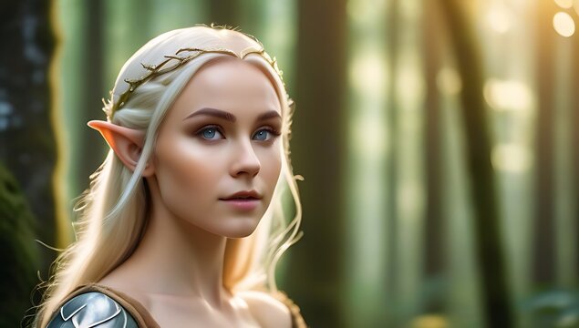blond elf beautiful elf maiden woods portrayed elven princess fantasy forest background lush bokeh effects