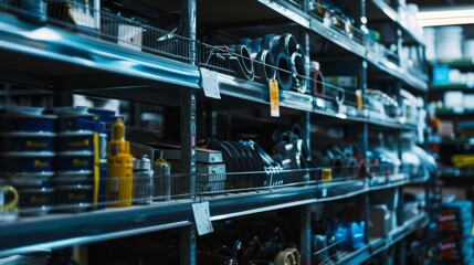 Fototapeta premium A dimly lit shelf-lined aisle in a hardware store, teeming with tools, cables, and various mechanical components for industrial use.