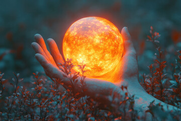 Fototapeta premium A surreal 3D scene of a pair of giant hands emerging from the ground, holding a glowing orb that radiates light and life,