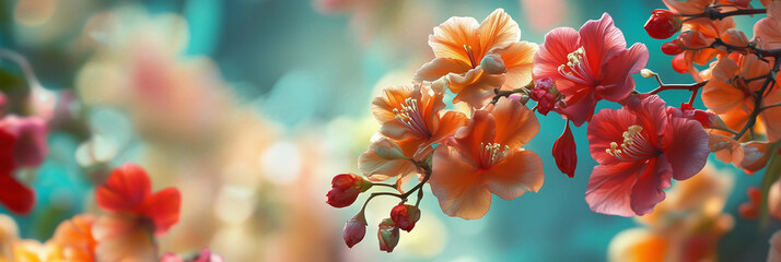 Red and yellow flowers background, blurred colorful flowers blue and orange background