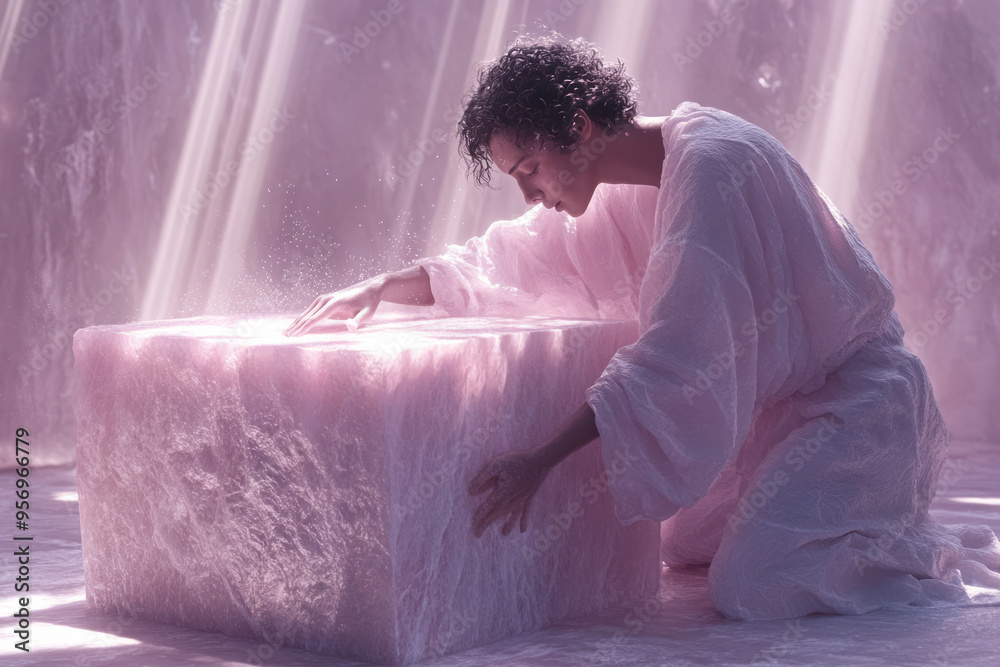 Poster a 3d scene of a sculptor chiseling a marble block, with fine dust particles floating in the air and 