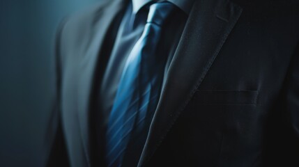 A close-up of a well-tailored suit and tie, highlighting the texture and sophistication of the fabric in a dimly lit setting.