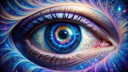 Intricate spiral pattern orbits a mesmerizing eye, with iridescent blues and purples swirling around the pupil, evoking a sense of mystique and hypnotic fascination.