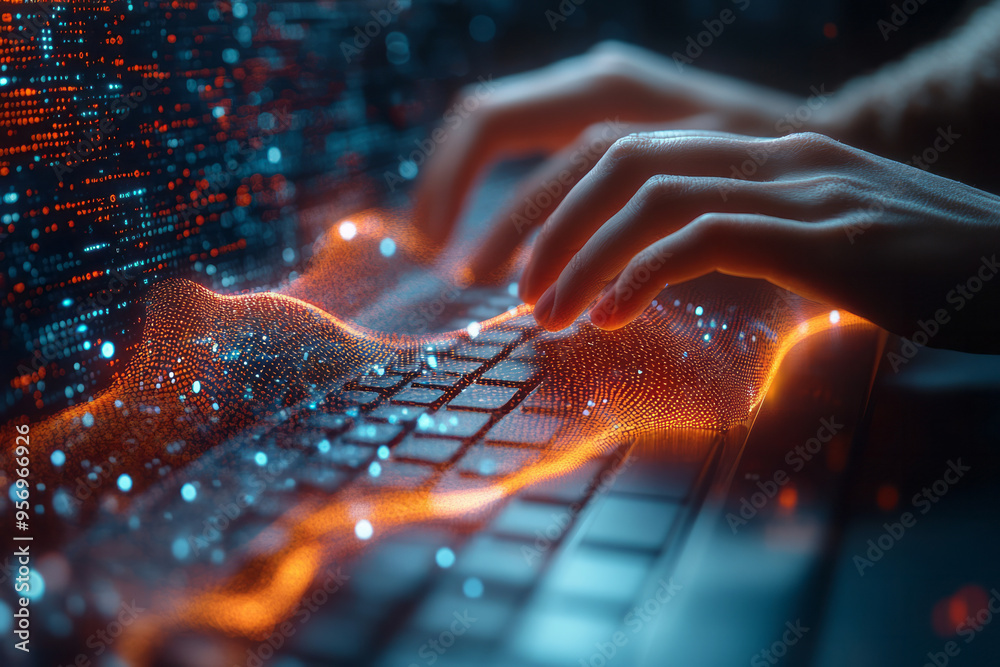 Poster an abstract image of a digital coderâ€™s hands typing on a keyboard, with binary code and digital pa