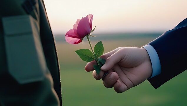 flower handed soldier grief sadness farewell peace symbolized gesture
