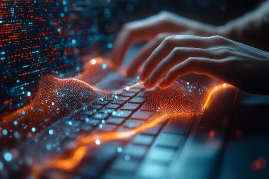 An abstract image of a digital coder&acirc;&euro;&trade;s hands typing on a keyboard, with binary code and digital patterns emerging from the screen like waves, isolated on a pastel gray background,