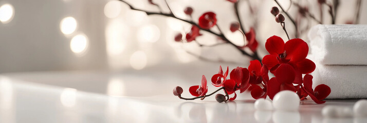 White oriental Feng shui bathroom interior and red flowers arrangement background, bathroom product scene photography, red flowers and white scene
