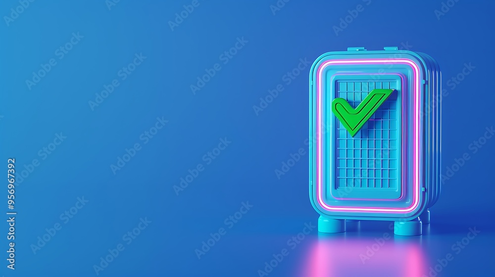 Poster futuristic secure vault with neon lights and checkmark symbolizing data protection, security encrypt
