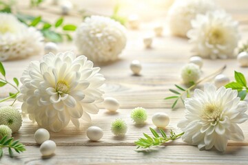 A close-up shot of white flowers and green leaves on a wooden surface, with soft lighting and a blurred background.