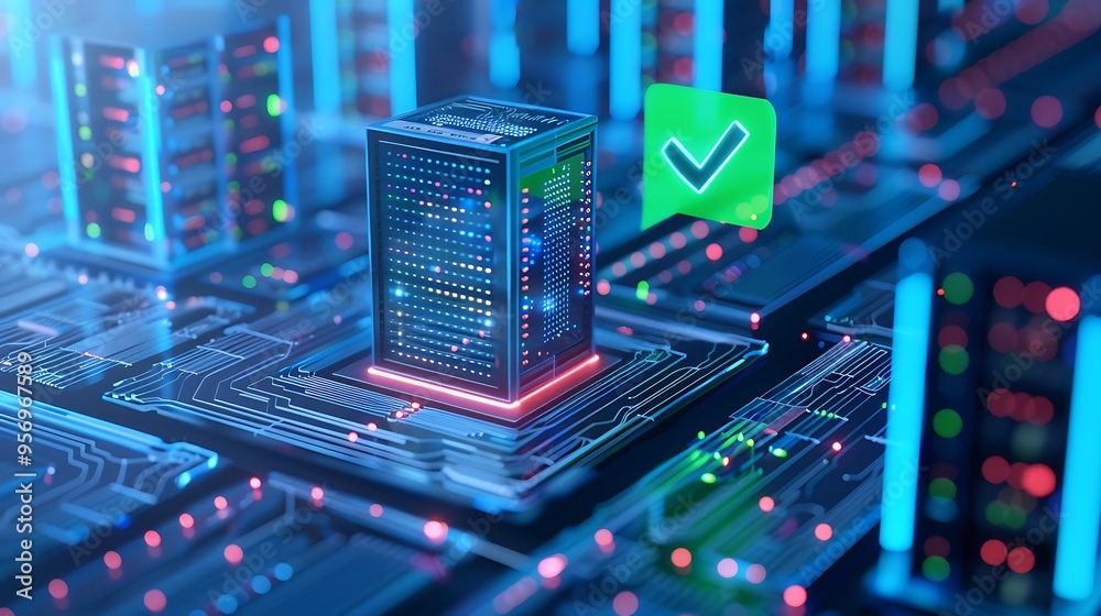 Poster futuristic server hardware in a data center with digital lights, symbolizing secure, high-tech netwo