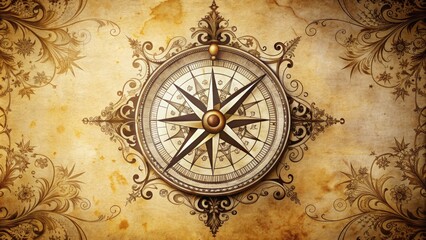 Fototapeta premium Intricately detailed, vintage-style, hand-drawn compass with ornate flourishes and subtle textures on a distressed, cream-colored background, evoking a sense of timeless adventure and exploration.