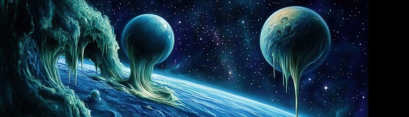A stunning cosmic landscape featuring eerie planets and vibrant colors, inviting viewers to explore the mysteries of the universe.